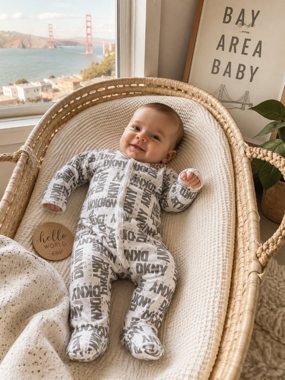 DKNY Baby Boys Girls 0-3M White Gray Logo Print Footie Sleeper Romper